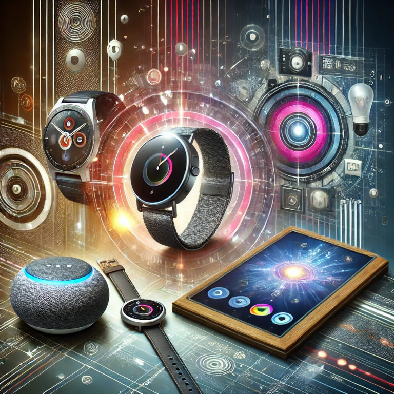 A captivating graphic representing innovative gadgets, featuring elements such as a smartwatch, VR headset, smart speaker, and a tablet displaying a vibrant interface, set against a background with subtle patterns suggesting technology and innovation.