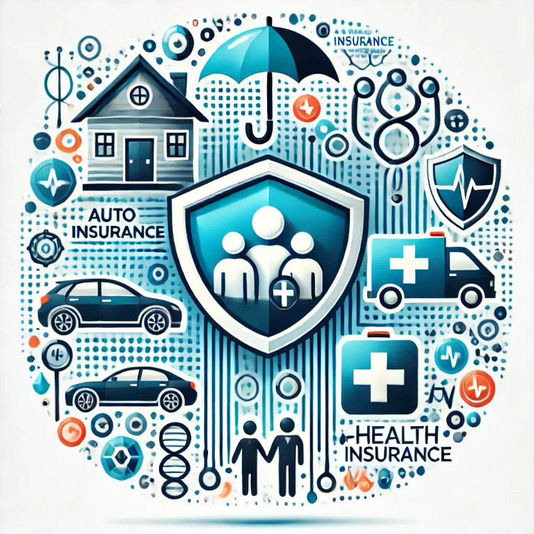 A graphic depicting symbols of a house, car, family, and medical cross, representing various types of insurance policies in a balanced and professional composition.