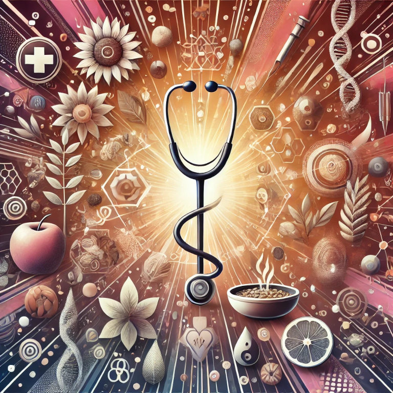 A captivating graphic representing integrative medicine, featuring symbols such as a stethoscope, herbal medicine, acupuncture needles, a yoga pose, and healthy foods, set against a background of abstract patterns suggesting balance, healing, and holistic health.