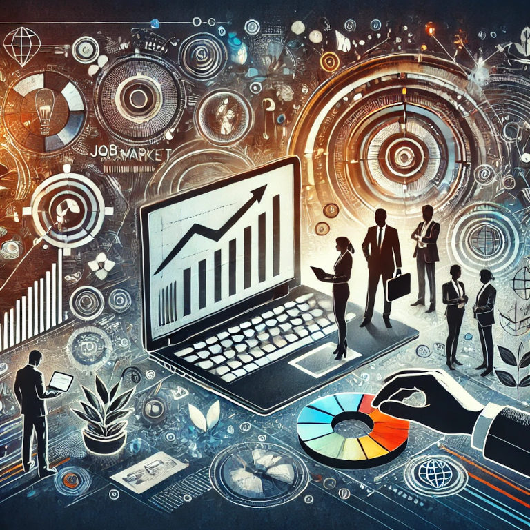 A captivating graphic representing job market trends, featuring symbols such as a briefcase, computer screen with graphs, a person working remotely, a diverse group of people collaborating, and renewable energy icons, set against a background of abstract patterns suggesting growth, innovation, and diversity.