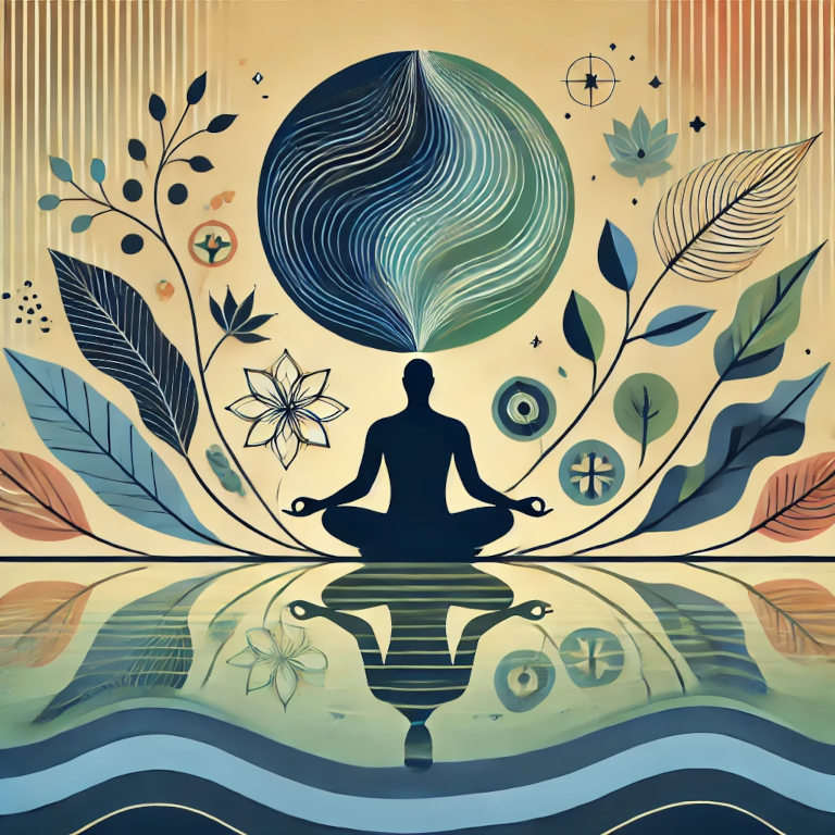 A graphic depicting a serene human silhouette meditating, flowing breath lines, and nature elements like leaves and water ripples, representing mindfulness practices in a balanced and aesthetically pleasing composition.