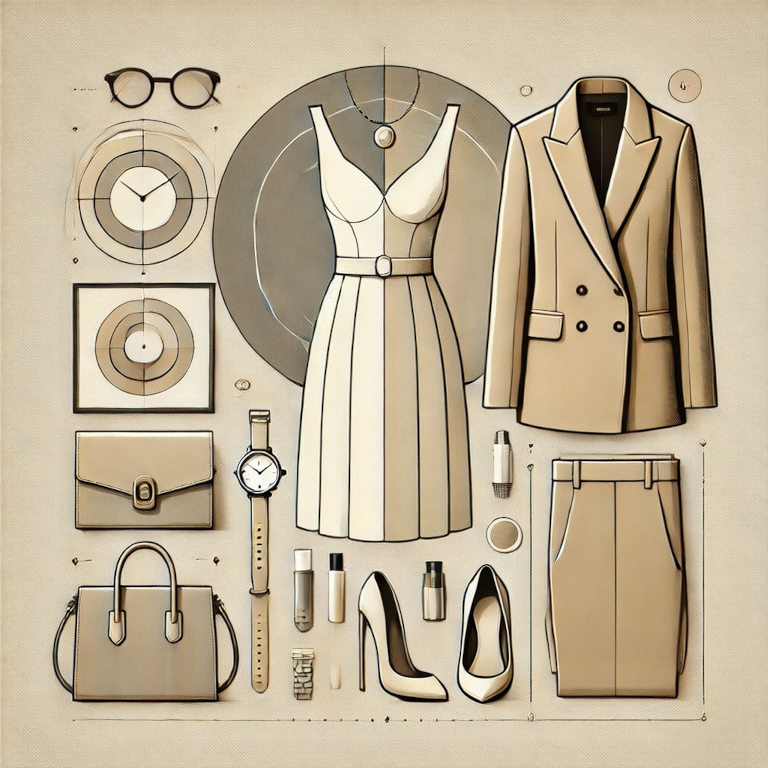 A graphic depicting a simple, elegant dress, a tailored blazer, neutral-colored trousers, and classic accessories like a watch and a handbag, representing minimalist fashion in a clean and sophisticated composition.