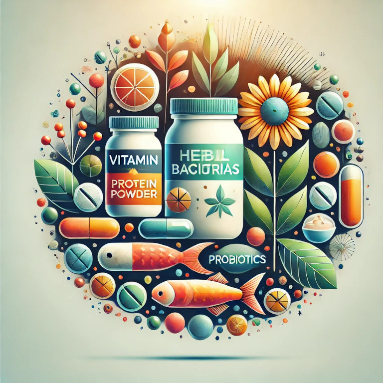 A graphic depicting vitamin bottles, a protein powder container, herbal leaves, a fish oil capsule, and a yogurt container representing probiotics, symbolizing various types of nutritional supplements in a balanced and aesthetically pleasing composition.