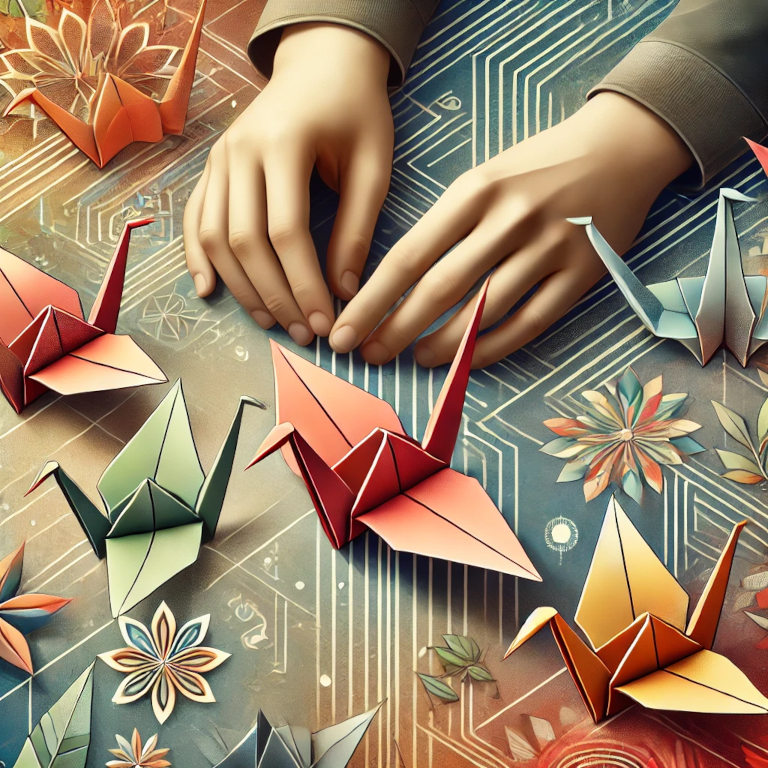 A captivating graphic representing origami and paper folding, featuring colorful origami figures such as cranes, boats, and frogs, with a person’s hands folding a piece of paper, set against a background with subtle patterns suggesting creativity and precision.