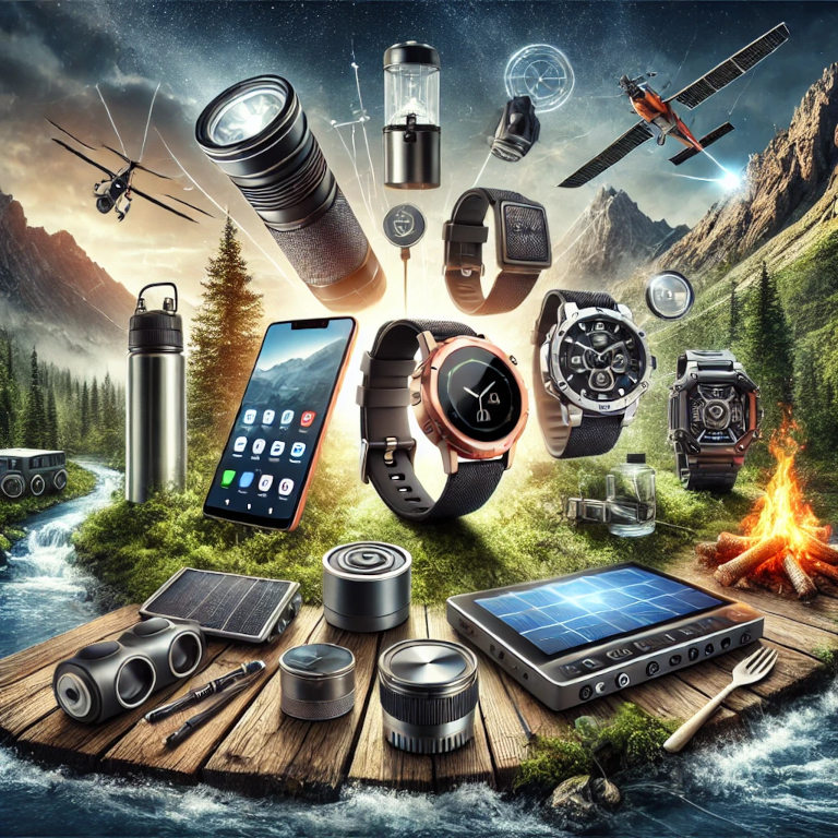 A dynamic graphic representing outdoor adventure gadgets, featuring a GPS device, portable power bank, smartwatch, portable water filter, smart lighting, action camera, and portable cookware in a scenic outdoor setting with mountains, forests, and rivers.