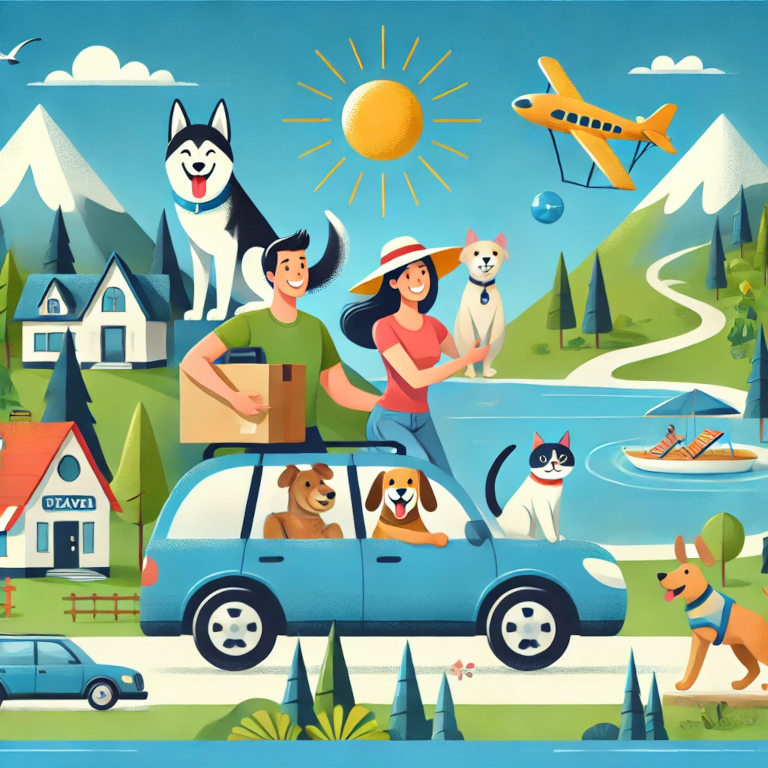 A vibrant and cheerful graphic representing pet-friendly travel, featuring a happy family traveling with their dog and cat in a car, with scenic landscapes, pet-friendly accommodations, and outdoor activities like hiking and a beach in the background.