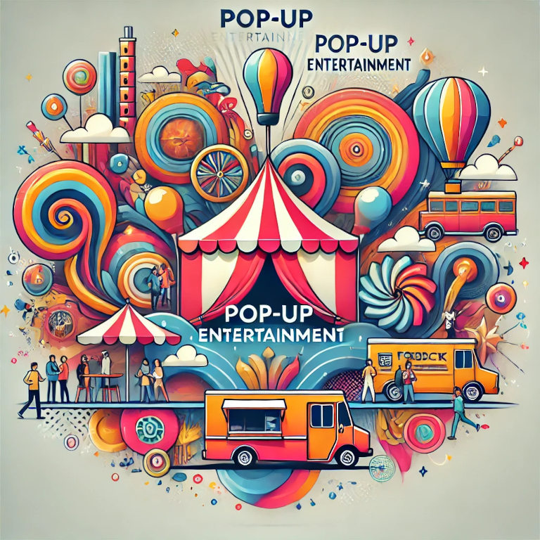 A graphic depicting a pop-up theater tent, colorful art installations, food trucks, and people engaging in interactive activities, representing pop-up entertainment in a vibrant and lively composition.