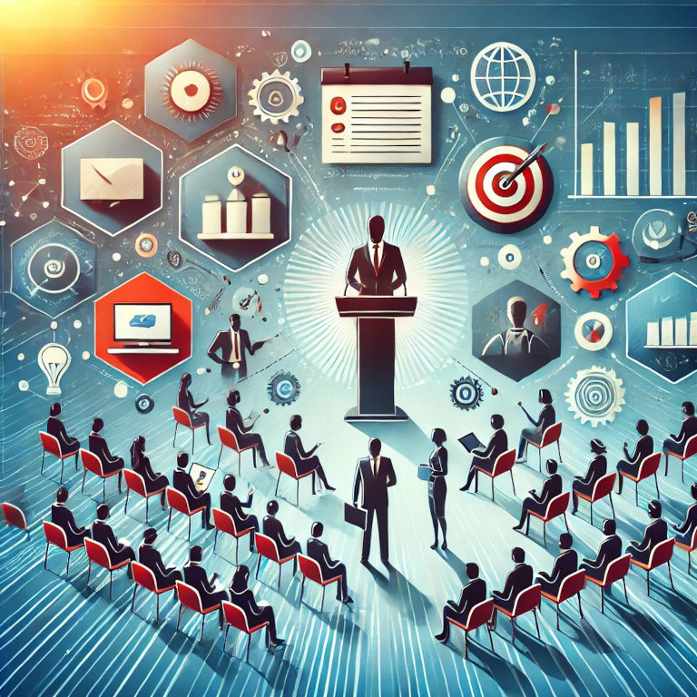 A graphic depicting people networking, a speaker at a podium, an audience in a conference setting, and presentation slides, representing professional conferences in a balanced and aesthetically pleasing composition.