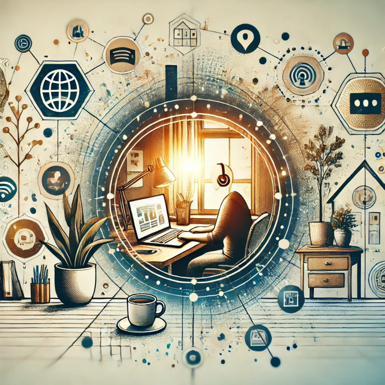 A captivating graphic representing remote work, featuring a home office setup with a laptop, coffee mug, and plants, a person working on a computer, and icons representing communication tools like video conferencing and messaging, set against a background with subtle patterns suggesting connectivity and productivity.