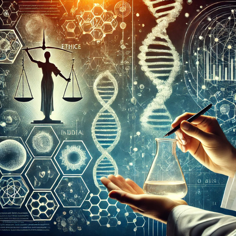 A captivating graphic representing science and ethics, featuring elements such as a scientist holding a beaker, a scale symbolizing balance and justice, DNA strands, and interconnected nodes representing data and networks, set against a background with abstract patterns suggesting thoughtfulness and integrity.