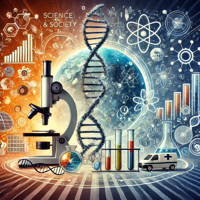 A captivating graphic representing the relationship between science and society, featuring symbols of scientific research such as a microscope, DNA strand, and beakers, alongside elements representing societal impact like a hospital, renewable energy sources, and educational tools, set against a background of abstract patterns symbolizing innovation and progress.