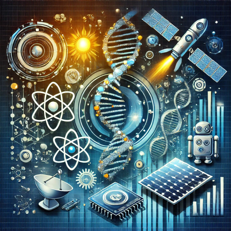 A graphic depicting a DNA helix, a robot, a solar panel, a computer chip, and a satellite, representing science and technology advancements in a balanced and aesthetically pleasing composition.