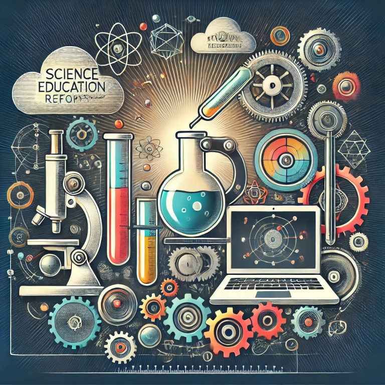 A graphic depicting symbols of a beaker, test tube, microscope, computer, and interconnected gears, representing science education reform in a balanced and aesthetically pleasing composition.