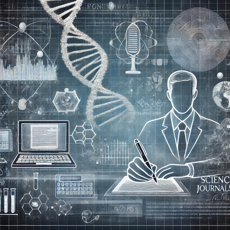 A captivating graphic representing science journalism, featuring a journalist with a notebook and pen, scientific symbols like DNA strands and atoms, a computer screen showing scientific data, and a microphone.