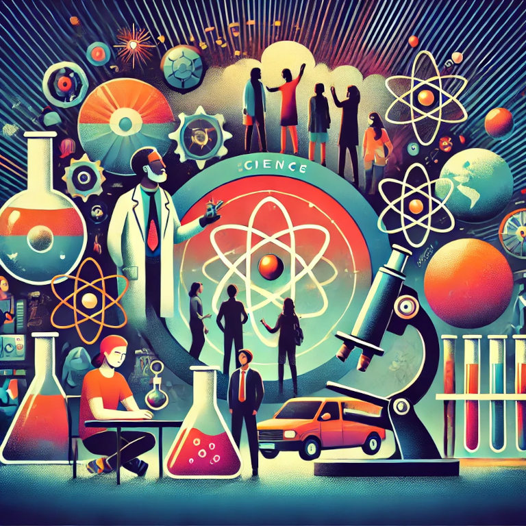 A graphic depicting a scientist engaging with a diverse group of people, hands-on activities like a chemistry experiment, a telescope for stargazing, and a science fair booth, representing science outreach in a balanced and aesthetically pleasing composition.