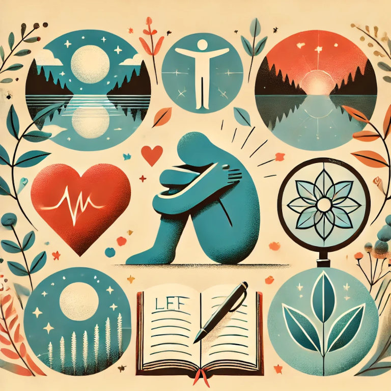 A graphic depicting a person hugging themselves, a heart symbol, a peaceful nature scene, and a journal with a pen, representing self-compassion practices in a balanced and aesthetically pleasing composition.