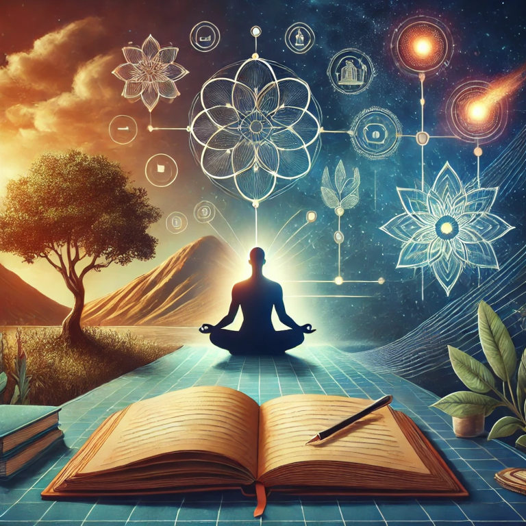 A captivating graphic representing self-reflection activities, featuring a person meditating, an open journal with writing, a mind map with connected ideas, and a serene nature scene in the background.