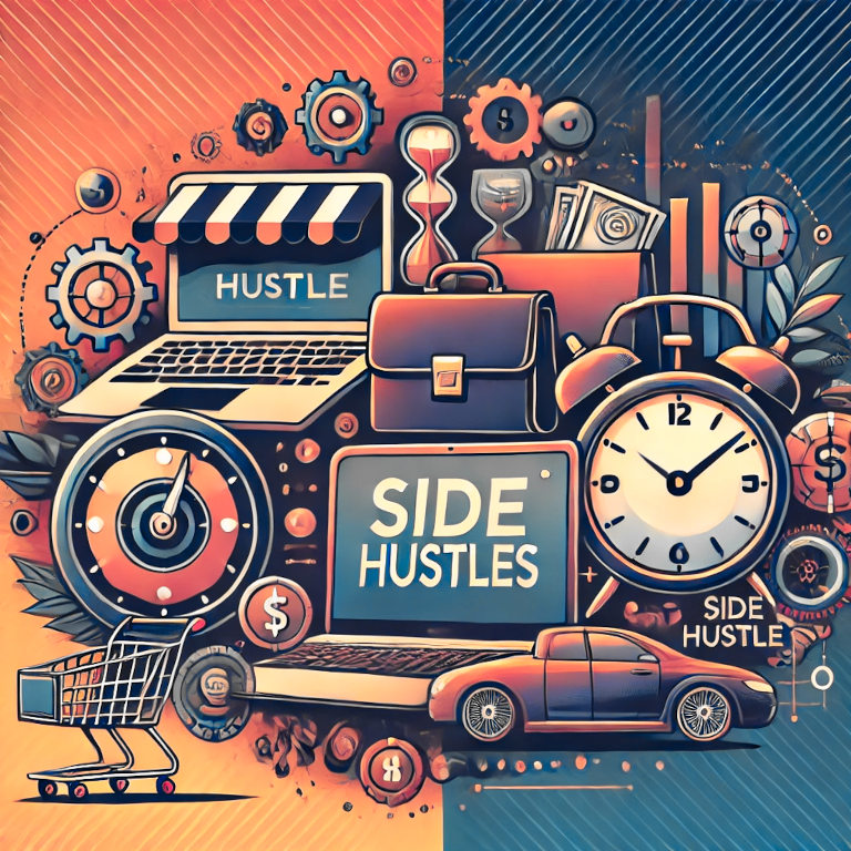 A graphic depicting symbols of a laptop, shopping cart, clock, and briefcase, representing side hustles in a balanced and aesthetically pleasing composition.