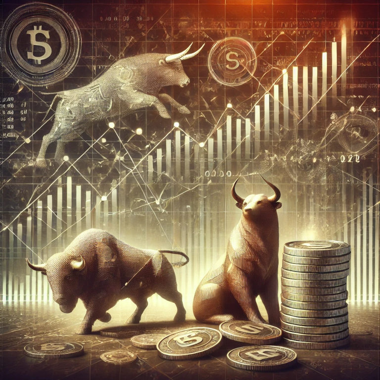 A captivating graphic representing the stock market, featuring elements such as a stock chart with rising and falling lines, a bull and bear symbolizing market trends, and a stack of coins, set against a background with subtle patterns suggesting financial growth and market activity.