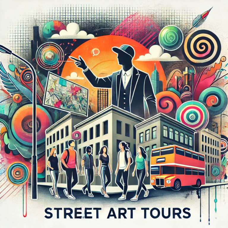 A captivating graphic representing street art tours, featuring vibrant murals, a group of people exploring an urban environment, a tour guide pointing out details, and colorful graffiti.