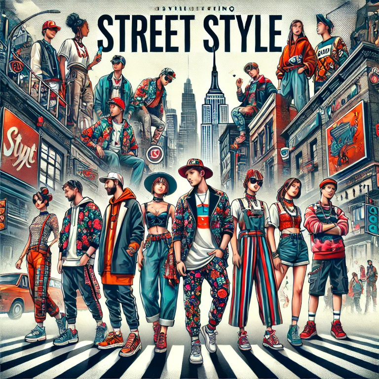 A captivating graphic representing street style, featuring diverse individuals in stylish urban outfits, mixing high and low fashion, and incorporating bold accessories, set against a cityscape with graffiti walls and bustling streets.