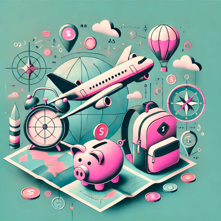 A graphic depicting symbols of a plane, piggy bank, map, and backpack, representing travel budgeting hacks in a balanced and aesthetically pleasing composition.