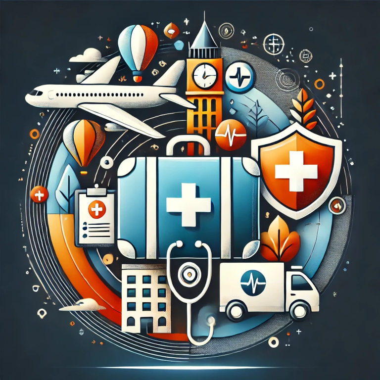 A graphic depicting a suitcase, a medical cross, an airplane, and a shield, representing travel insurance options in a balanced and aesthetically pleasing composition.