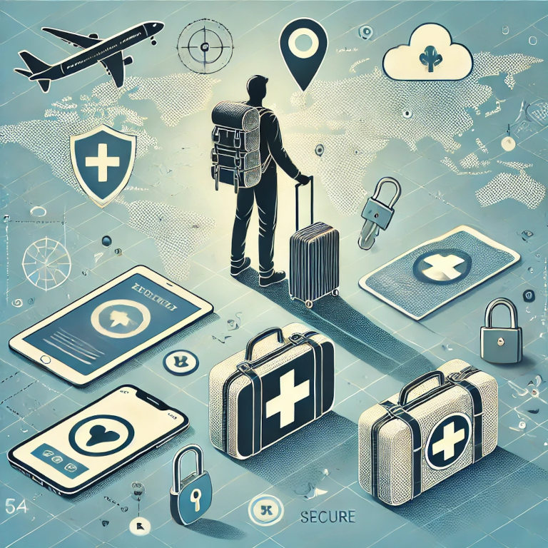 A captivating graphic representing travel safety tips, featuring a traveler with a backpack, a first aid kit, a map, a secure lock, and a phone displaying a location pin, set against a background with subtle patterns suggesting travel and security.