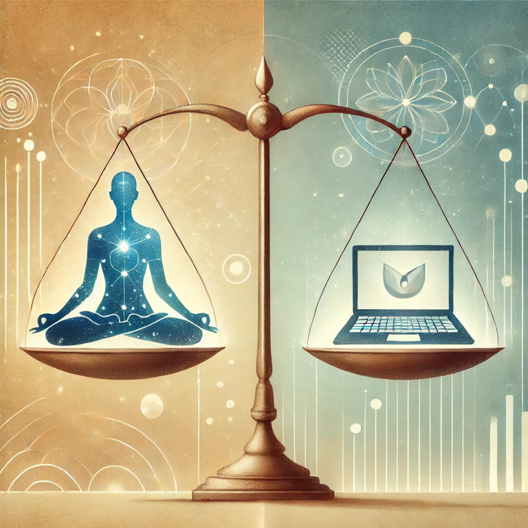 A captivating graphic representing work-life balance, featuring a person meditating on one side and working on a laptop on the other, balanced on a scale, set against a background with subtle patterns suggesting harmony and balance with soft, calming colors.