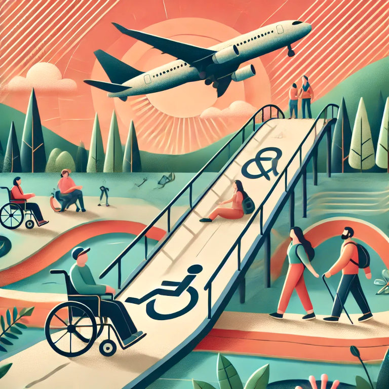 A captivating graphic representing accessible travel, featuring elements such as a wheelchair-accessible ramp, an airplane with an accessibility symbol, a scenic trail with a smooth path, and diverse travelers enjoying their trip, set against a background with patterns suggesting inclusivity and adventure.