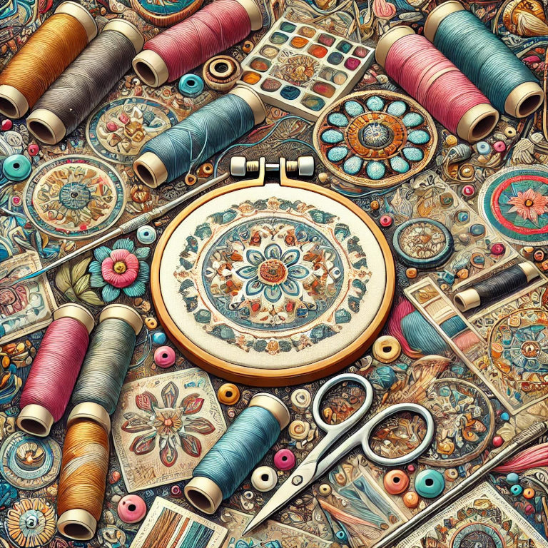 A captivating graphic representing beadwork and embroidery, featuring elements such as beads, embroidery hoops, needles, colorful threads, and fabric swatches, set against a background with patterns and textures suggesting creativity and craftsmanship.