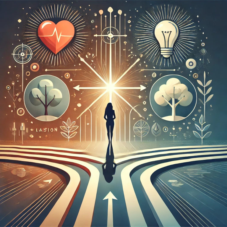 A captivating graphic representing the concept of finding life purpose, featuring a person standing at a crossroads with different paths leading to elements such as a heart, a light bulb, and a tree, symbolizing passion, ideas, and growth.