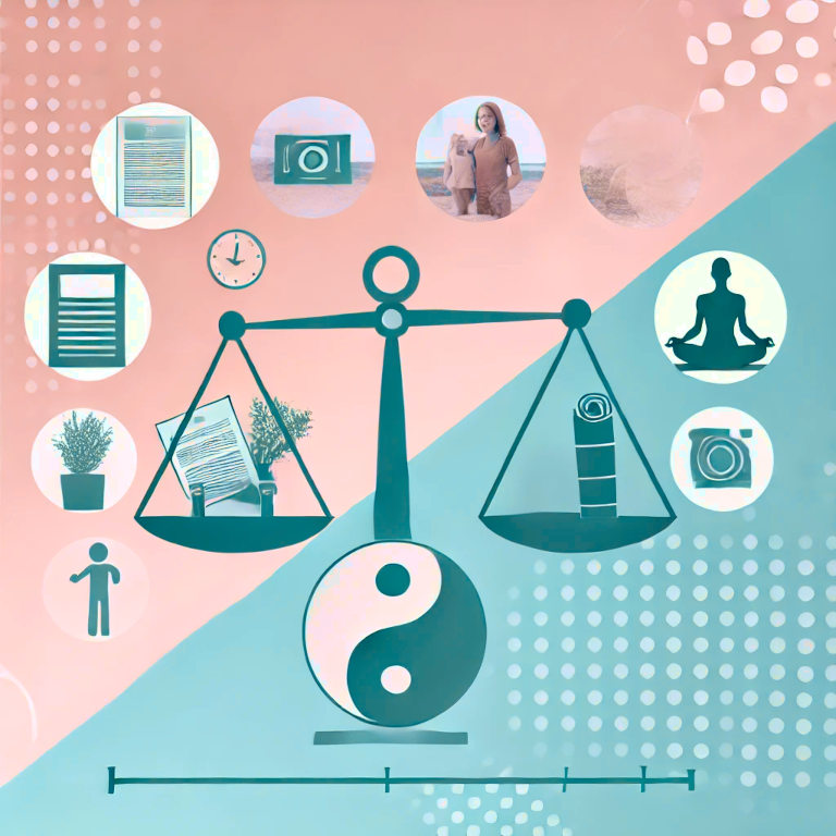 A graphic depicting a balanced scale with work-related items like a laptop and documents on one side and personal life items like a family photo, a yoga mat, and a book on the other side, representing maintaining work-life balance in a calm and harmonious color palette.