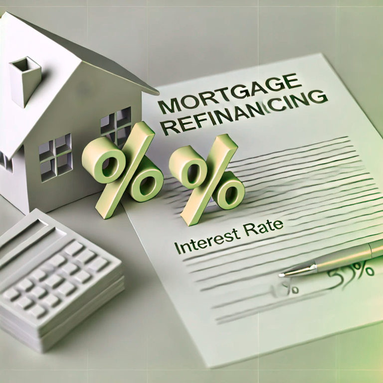 A graphic depicting a house, a stack of money, an interest rate percentage symbol, and a document with a pen, representing mortgage refinancing in a balanced and aesthetically pleasing composition.