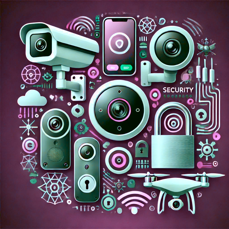 A graphic depicting a security camera, a smart doorbell, a padlock, and a drone, representing security and surveillance gadgets in a balanced and aesthetically pleasing composition.