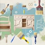 A minimalistic image featuring abstract elements of DIY furniture makeover, including painted furniture, paintbrushes, sandpaper, and new hardware, symbolizing the transformation of old pieces into fresh, modern decor.