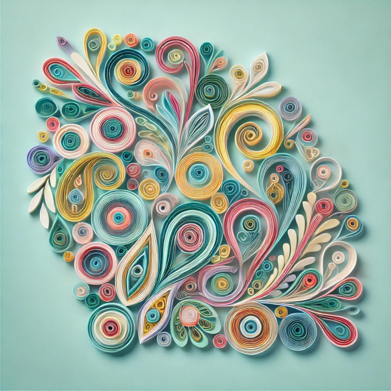 An abstract image featuring colorful paper strips rolled into intricate shapes like coils, teardrops, and marquise forms, symbolizing creativity and craftsmanship in the art of DIY paper quilling.