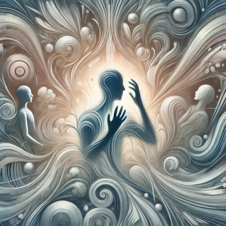 An abstract image featuring a human figure surrounded by swirling, chaotic lines, symbolizing the overwhelming feelings of anxiety, with soft blues and greys conveying mental struggle and gentle light representing hope.