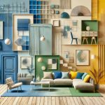 An abstract image showcasing different room elements with various color schemes, including calming blues, energizing yellows, restful greens, and neutral tones, representing the psychological impact of color in interior design.