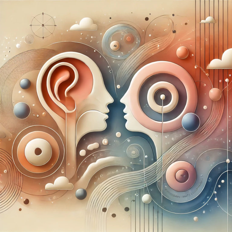 An abstract image featuring connected speech bubbles, ear and mouth symbols, and subtle human figures, symbolizing effective communication, active listening, and emotional intelligence.