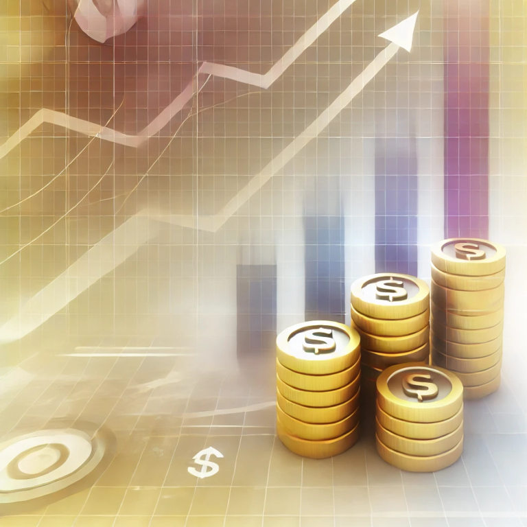 A visually captivating image featuring abstract elements like stacks of coins, growth charts, and arrows, symbolizing steady income and long-term financial growth through dividend investing.