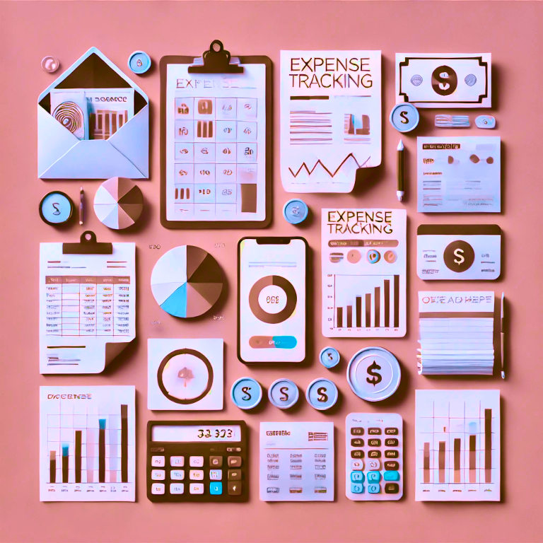 A minimalistic visual of various expense tracking methods, featuring charts, receipts, envelopes, a smartphone with apps, spreadsheets, and coins, symbolizing financial management tools.