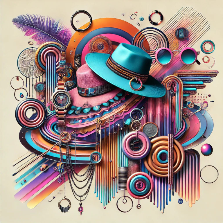 A vibrant and abstract image featuring elements of festival fashion, including boho chic styles, neon colors, metallic textures, wide-brim hats, sunglasses, and layered jewelry, symbolizing creativity and self-expression in festival fashion.