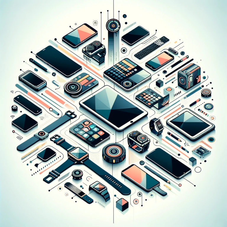 An abstract image featuring tech gadgets such as smartphones, laptops, smartwatches, and tablets, arranged in a sleek, modern layout, symbolizing variety and informed purchasing decisions in technology.