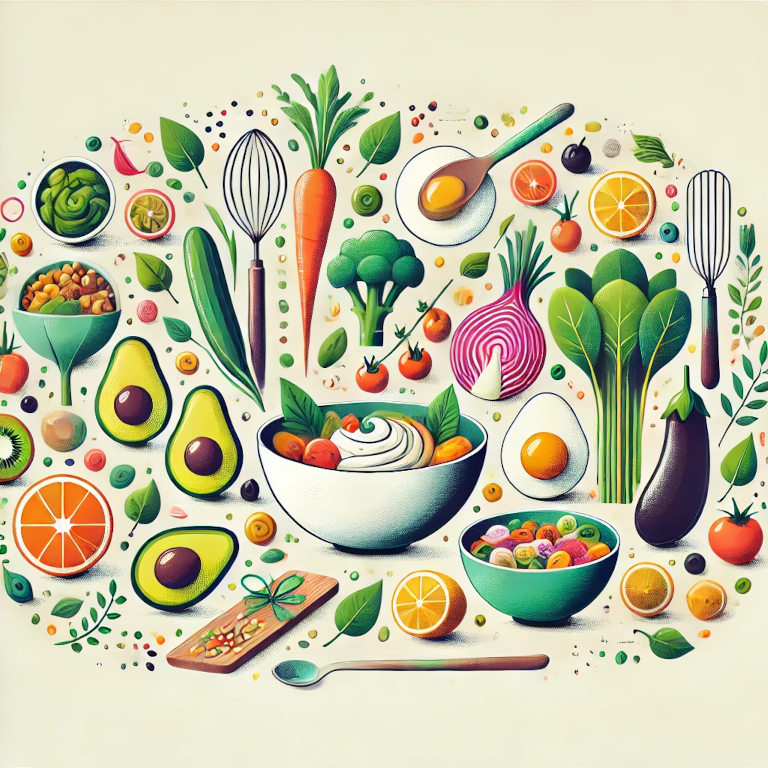 A balanced and colorful image featuring fresh ingredients like vegetables, fruits, grains, and lean proteins, along with cooking tools such as bowls and utensils, symbolizing healthy recipes.