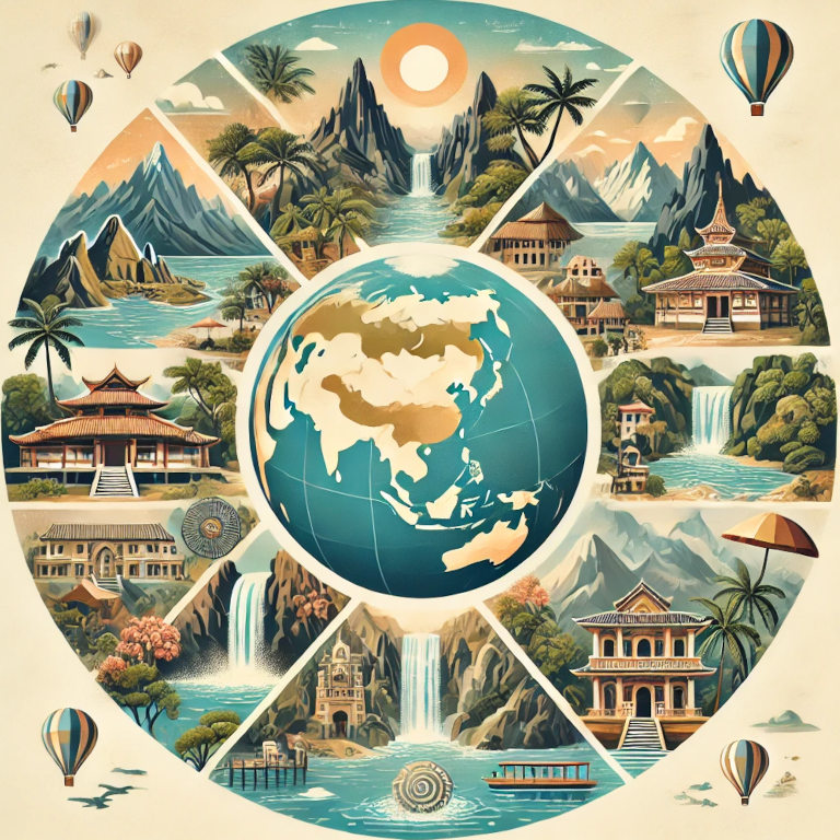 A centered image featuring a globe surrounded by serene landscapes, remote beaches, exotic villages, waterfalls, and scenic mountains, symbolizing hidden gem travel destinations.