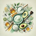 An abstract image featuring bowls of natural ingredients such as honey, avocado, yogurt, and herbs, along with a face mask brush, evoking a sense of natural skincare, health, and beauty.