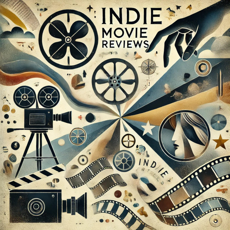 A captivating image featuring a film reel, clapperboard, vintage camera, and a film strip with artistic scenes, symbolizing indie movie reviews in a modern yet vintage style.