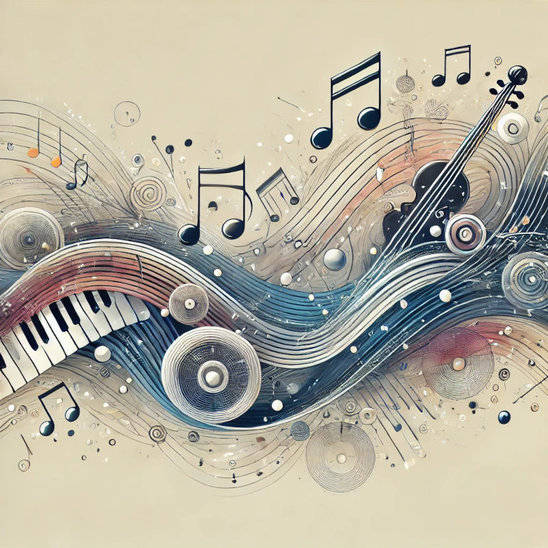 An abstract image featuring musical notes, scales, and chords flowing in a dynamic pattern, with subtle elements like a piano and guitar, symbolizing the harmony and structure of music theory.