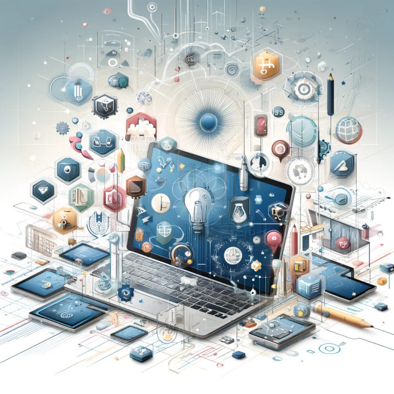 An abstract image featuring a laptop, tablets, and digital interfaces with icons representing subjects like science, arts, and business, symbolizing the flexibility and accessibility of modern online education.